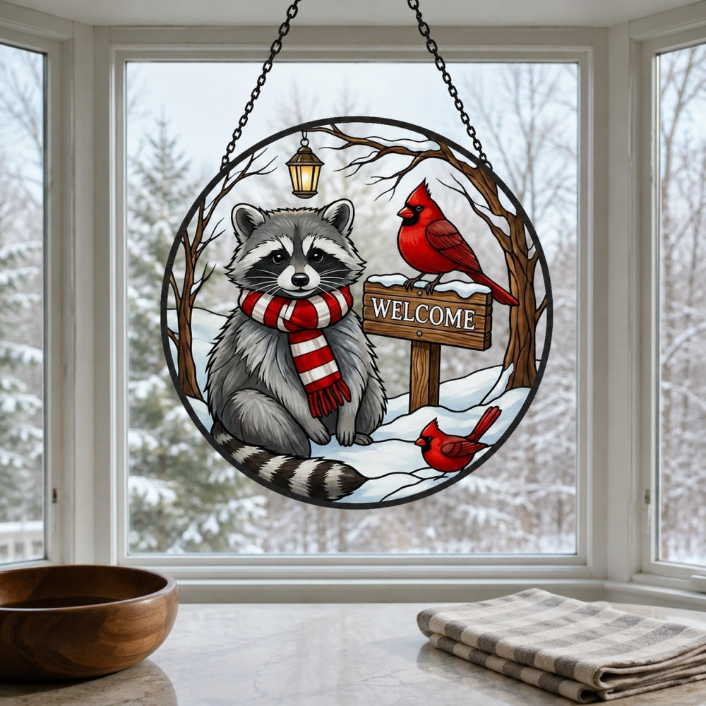 Snowy rustic welcome sign raccoon stained glass suncatcher window hanging, suitable for home and garden decoration