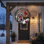Snowy rustic welcome sign raccoon stained glass suncatcher window hanging, suitable for home and garden decoration