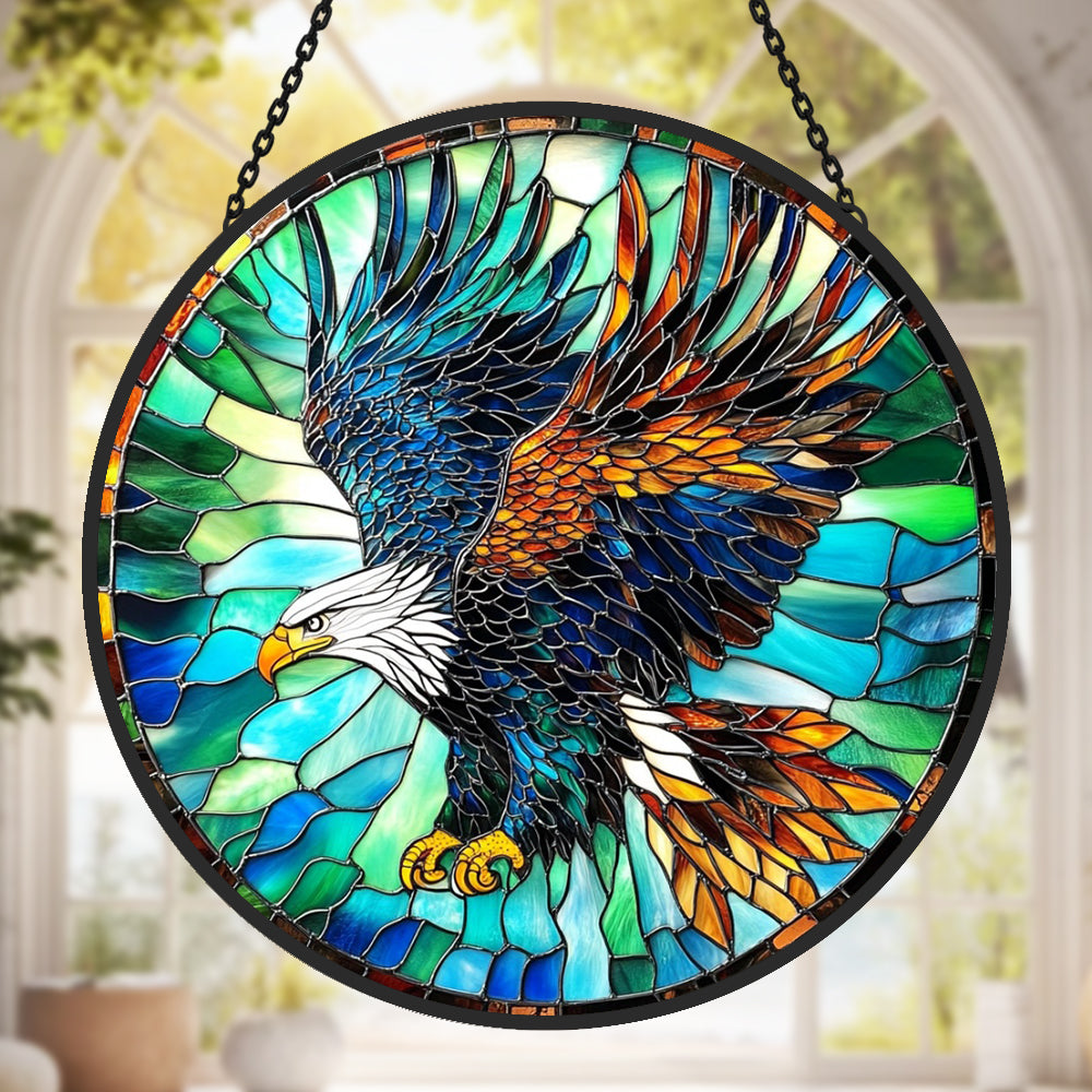 Soaring bald eagle stained glass suncatcher window hanging, suitable for home and garden decoration