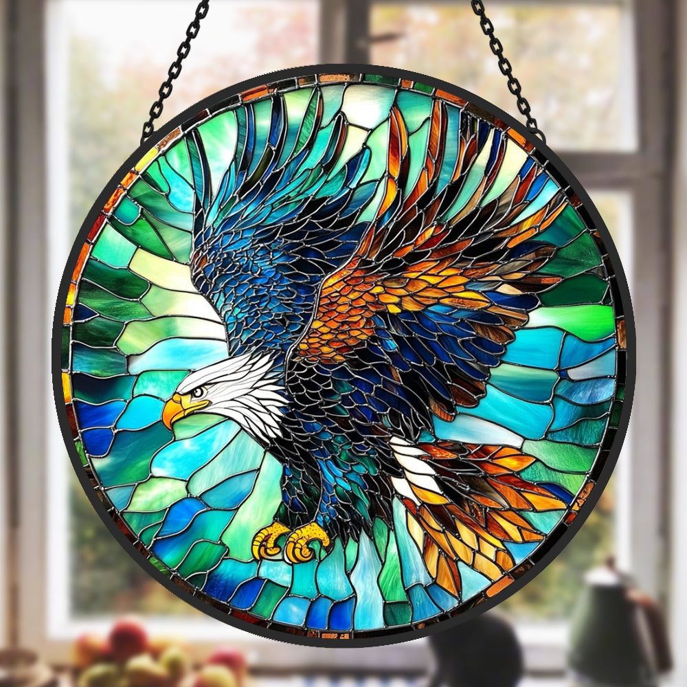 Soaring bald eagle stained glass suncatcher window hanging, suitable for home and garden decoration