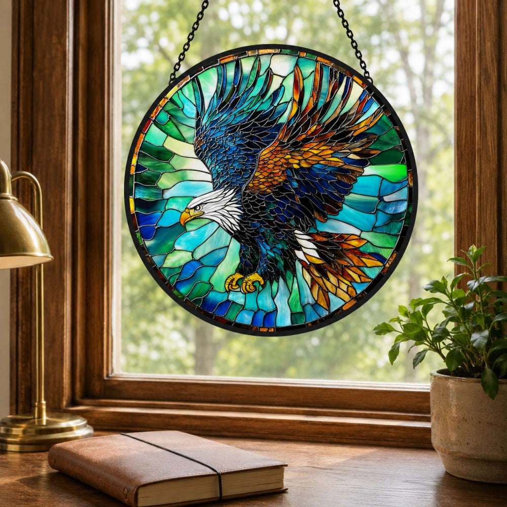 Soaring bald eagle stained glass suncatcher window hanging, suitable for home and garden decoration