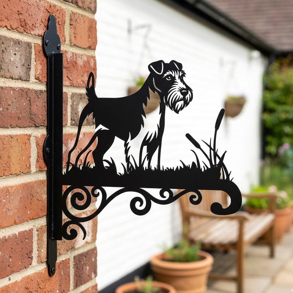 Soft coated wheaten terrier metal hanging basket bracket mounted on outdoor wall for plant decoration