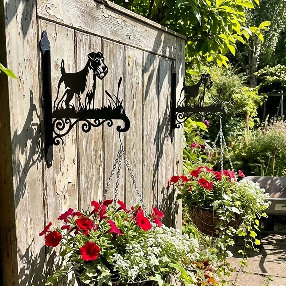 Soft coated wheaten terrier metal hanging basket bracket mounted on outdoor wall for plant decoration