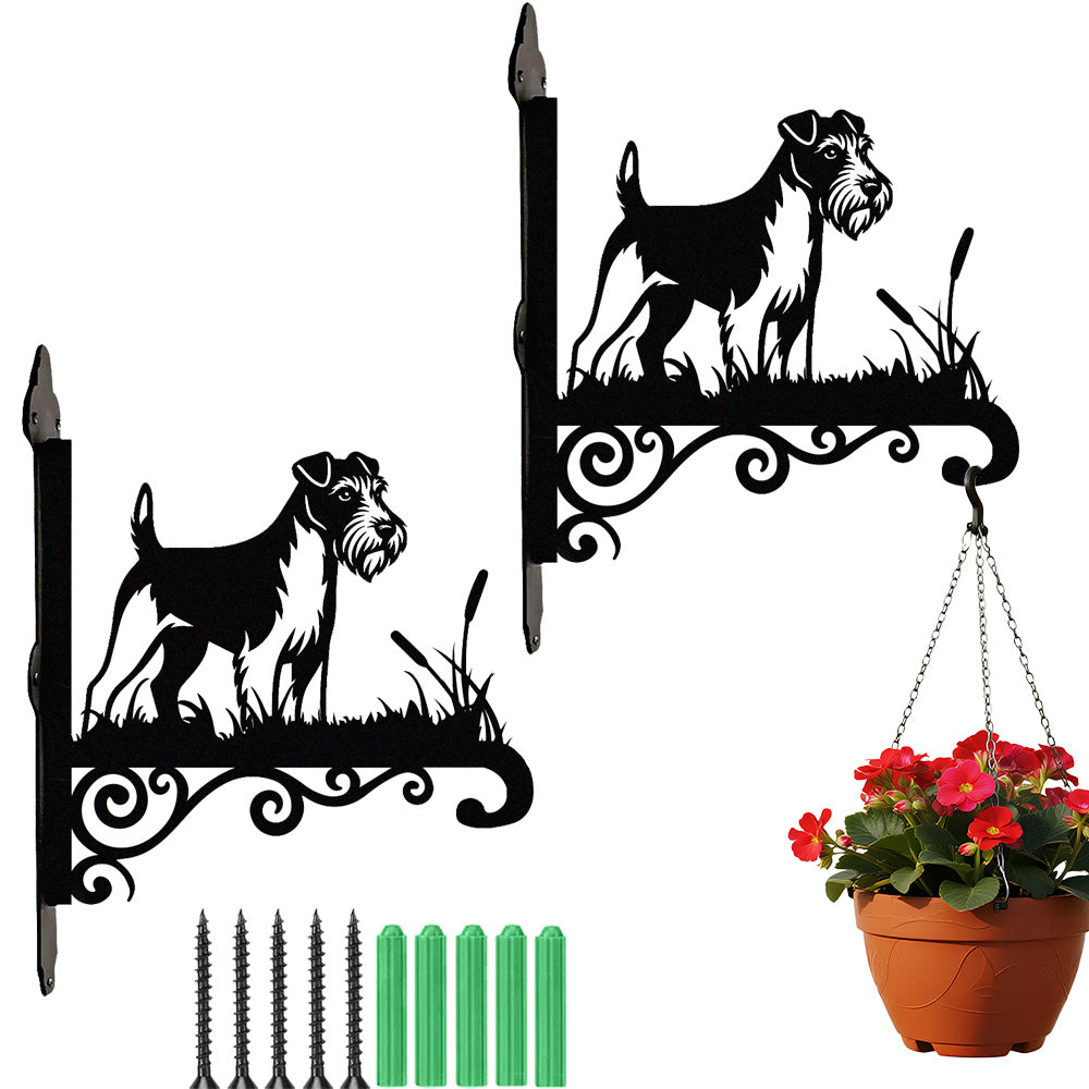 Soft coated wheaten terrier metal hanging basket bracket mounted on outdoor wall for plant decoration