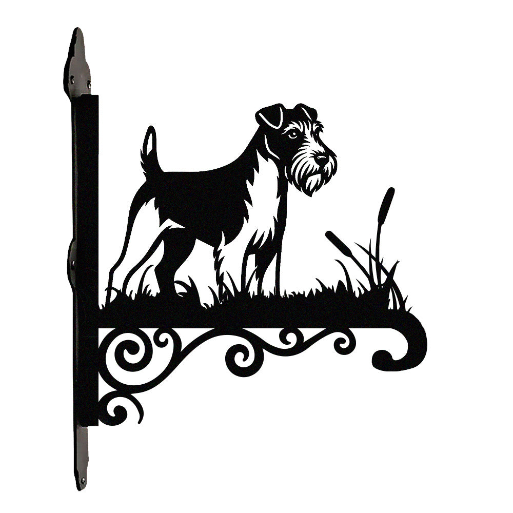 Soft coated wheaten terrier metal hanging basket bracket mounted on outdoor wall for plant decoration