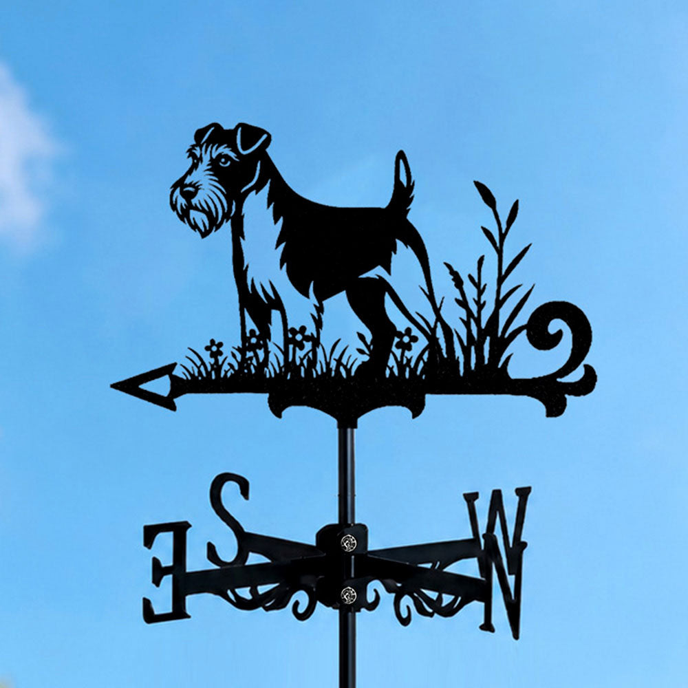 Soft coated wheaten terrier metal weather vane with directional arrows and mounting rod, outdoor roof and garden decoration