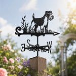 Soft coated wheaten terrier metal weather vane with directional arrows and mounting rod, outdoor roof and garden decoration