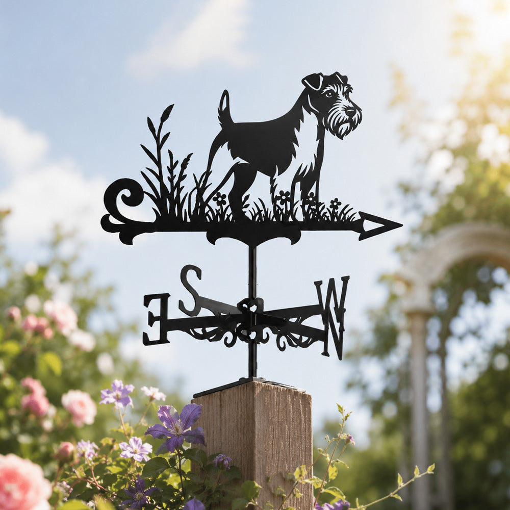 Soft coated wheaten terrier metal weather vane with directional arrows and mounting rod, outdoor roof and garden decoration