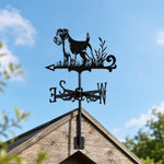 Soft coated wheaten terrier metal weather vane with directional arrows and mounting rod, outdoor roof and garden decoration