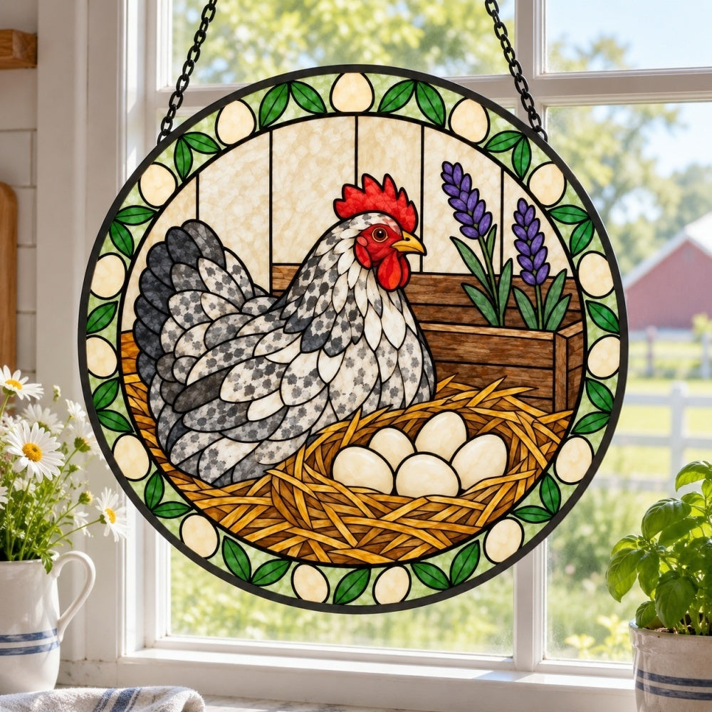 Speckled hen and eggs stained glass suncatcher window hanging, suitable for home and garden decoration