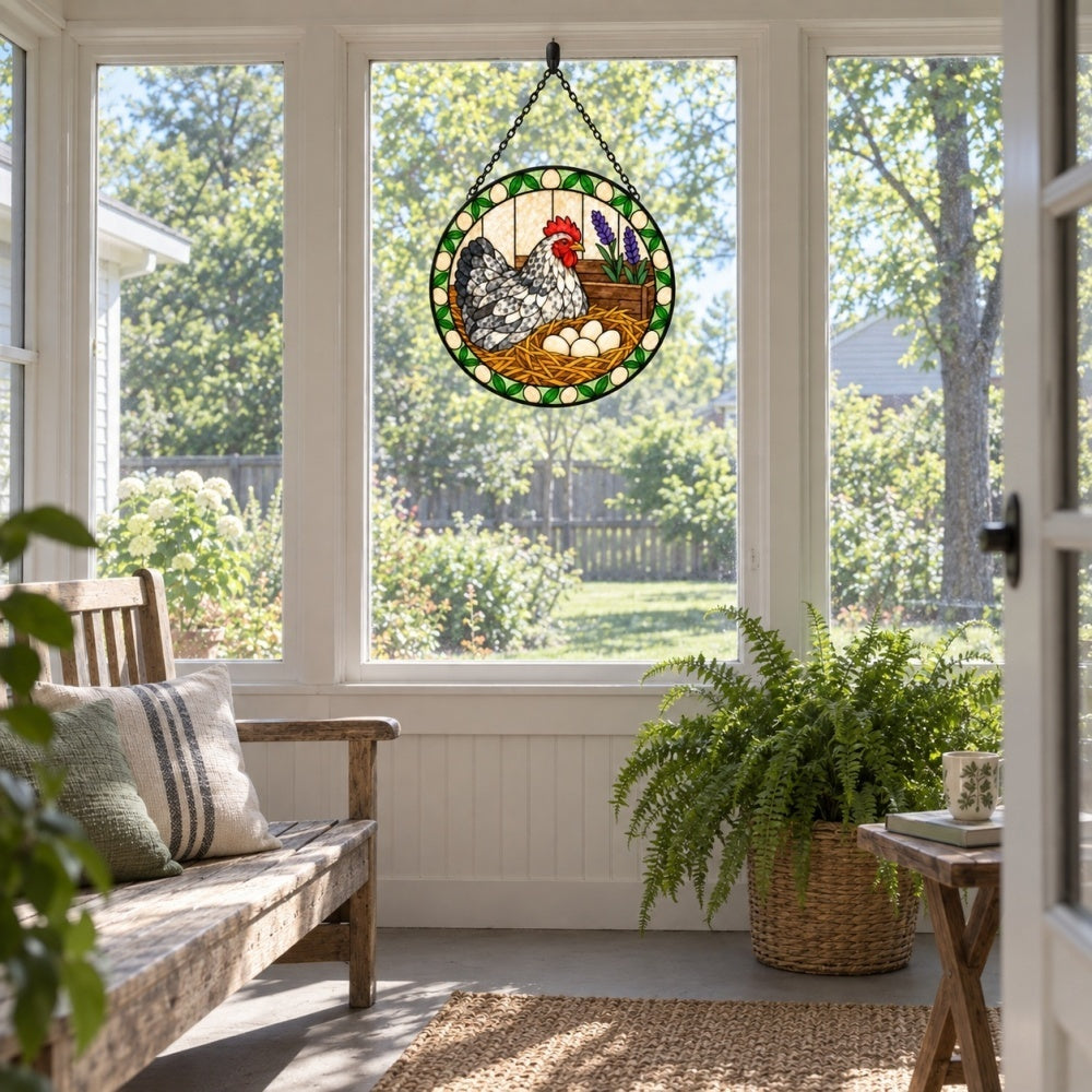 Speckled hen and eggs stained glass suncatcher window hanging, suitable for home and garden decoration