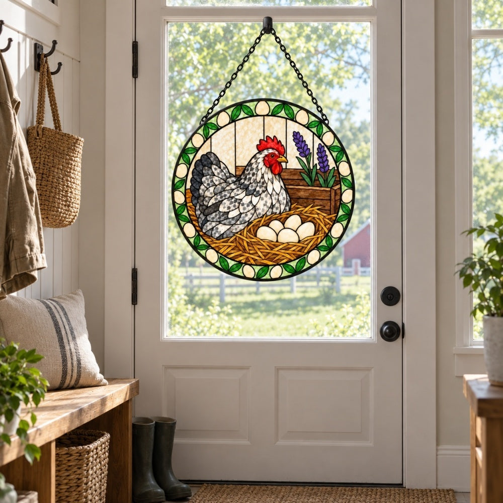 Speckled hen and eggs stained glass suncatcher window hanging, suitable for home and garden decoration
