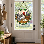 Speckled hen and eggs stained glass suncatcher window hanging, suitable for home and garden decoration