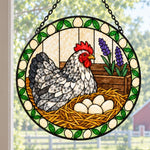 Speckled hen and eggs stained glass suncatcher window hanging, suitable for home and garden decoration