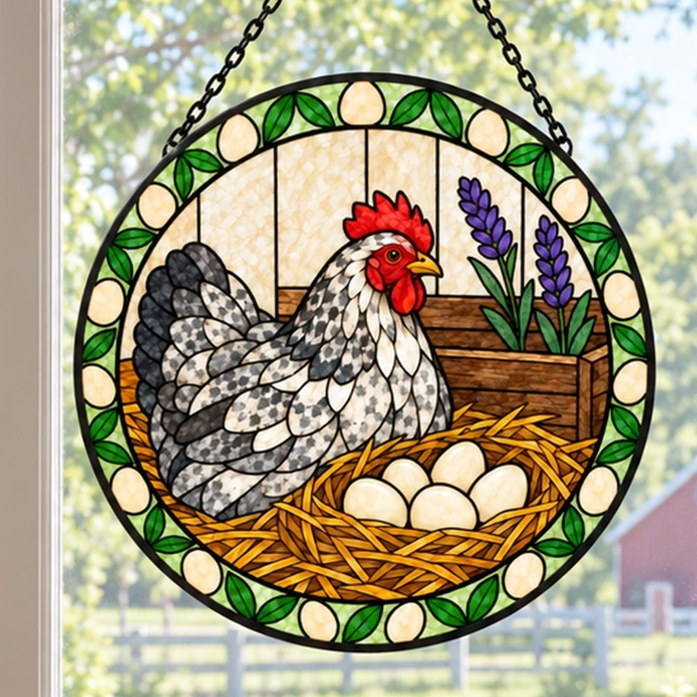 Speckled hen and eggs stained glass suncatcher window hanging, suitable for home and garden decoration
