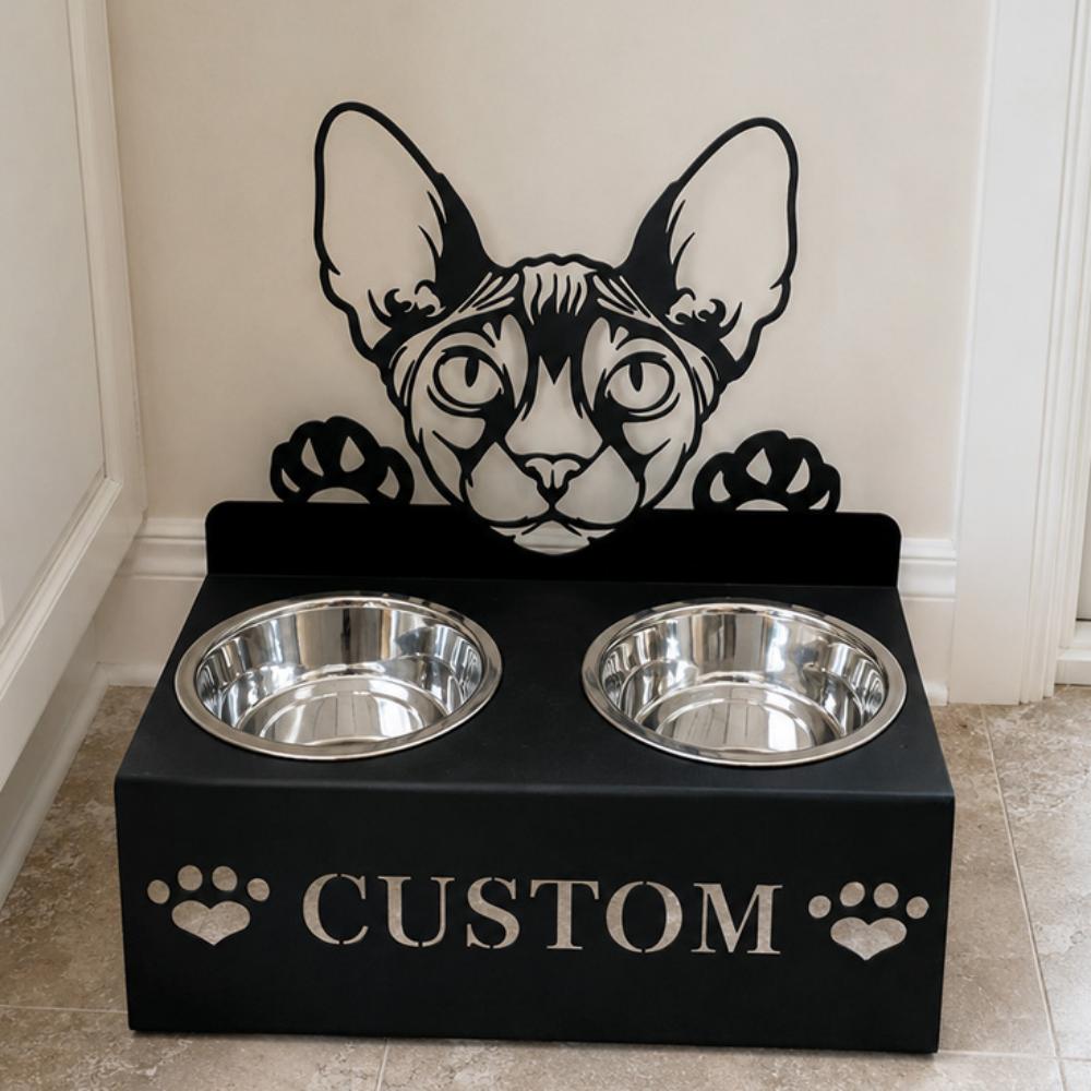 Personalized sphynx cat metal cat bowl stand with custom name cutout and two removable feeding bowls