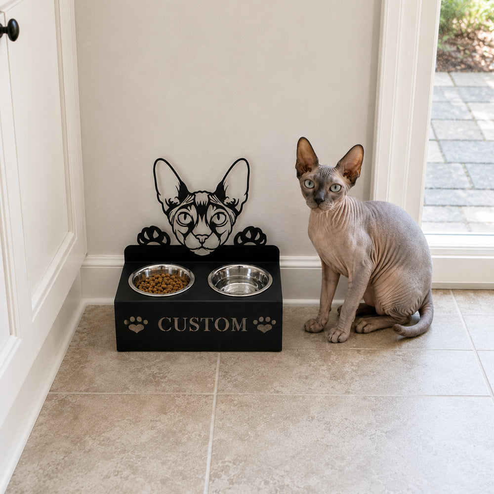 Personalized sphynx cat metal cat bowl stand with custom name cutout and two removable feeding bowls
