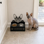Personalized sphynx cat metal cat bowl stand with custom name cutout and two removable feeding bowls