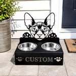 Personalized sphynx cat metal cat bowl stand with custom name cutout and two removable feeding bowls