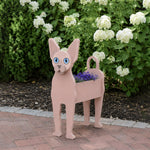 Sphynx cat planter filled with fresh flowers is placed in the garden