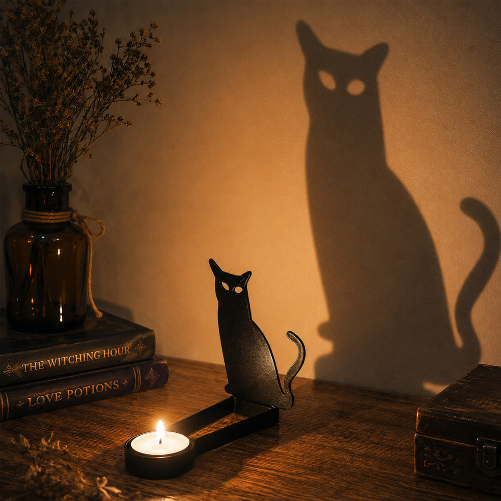 Spooky black cat halloween metal candle holder casting a spooky shadow on the wall