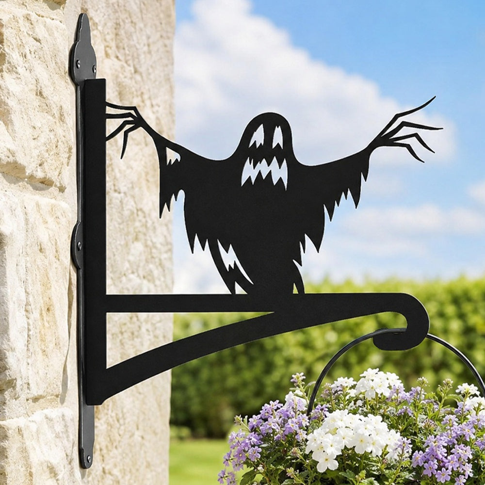 Spooky ghost metal hanging basket bracket mounted on outdoor wall for plant decoration