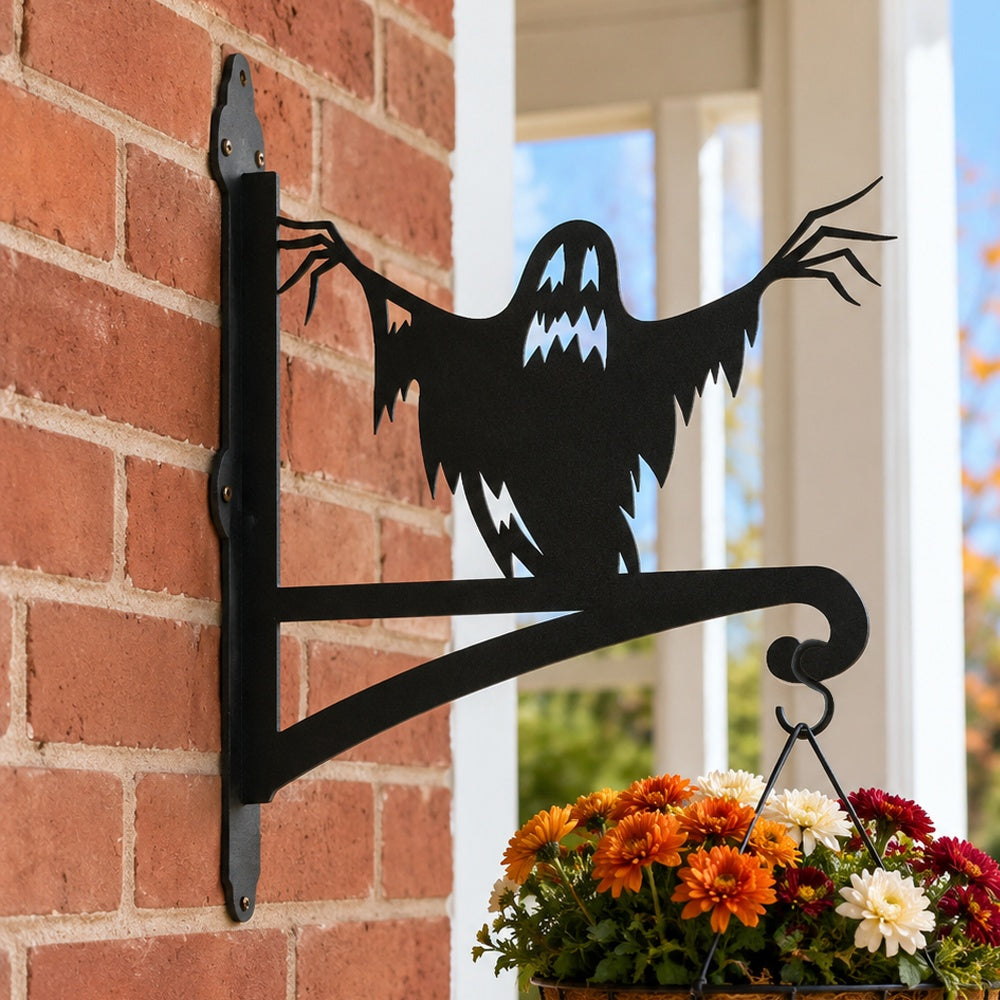 Spooky ghost metal hanging basket bracket mounted on outdoor wall for plant decoration