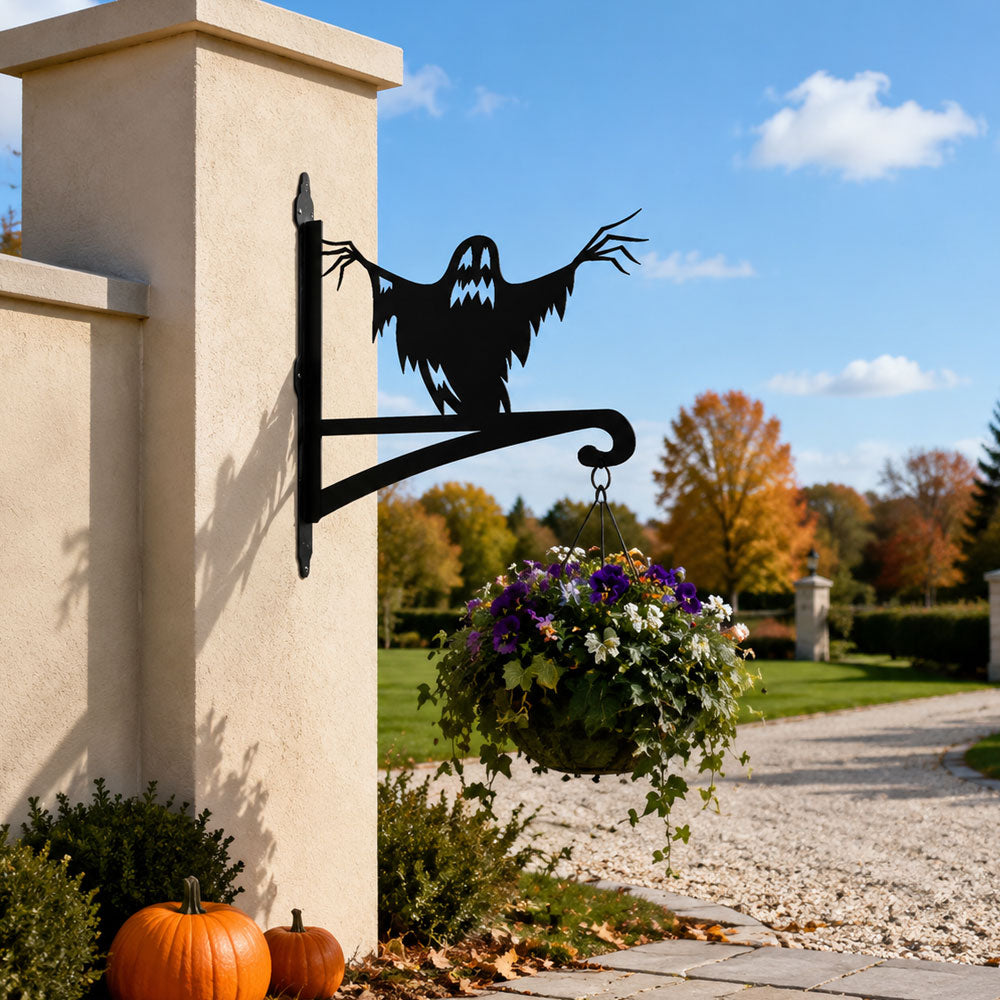 Spooky ghost metal hanging basket bracket mounted on outdoor wall for plant decoration