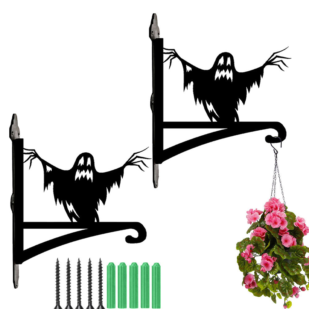 Spooky ghost metal hanging basket bracket mounted on outdoor wall for plant decoration