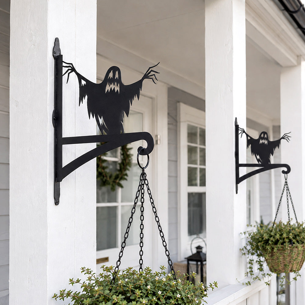 Spooky ghost metal hanging basket bracket mounted on outdoor wall for plant decoration