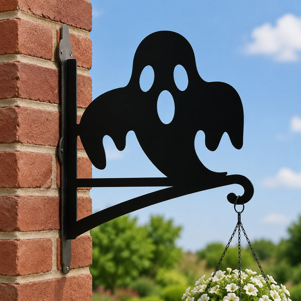 Spooky ghost metal hanging basket bracket mounted on outdoor wall for plant decoration