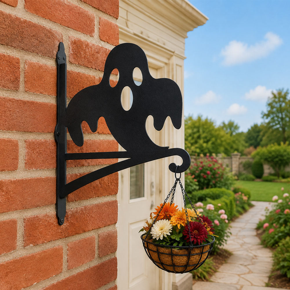 Spooky ghost metal hanging basket bracket mounted on outdoor wall for plant decoration