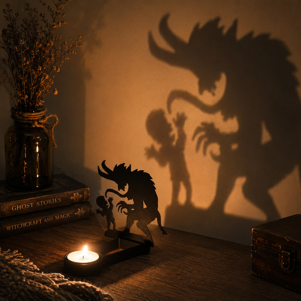 Spooky monster halloween metal candle holder casting a spooky shadow on the wall