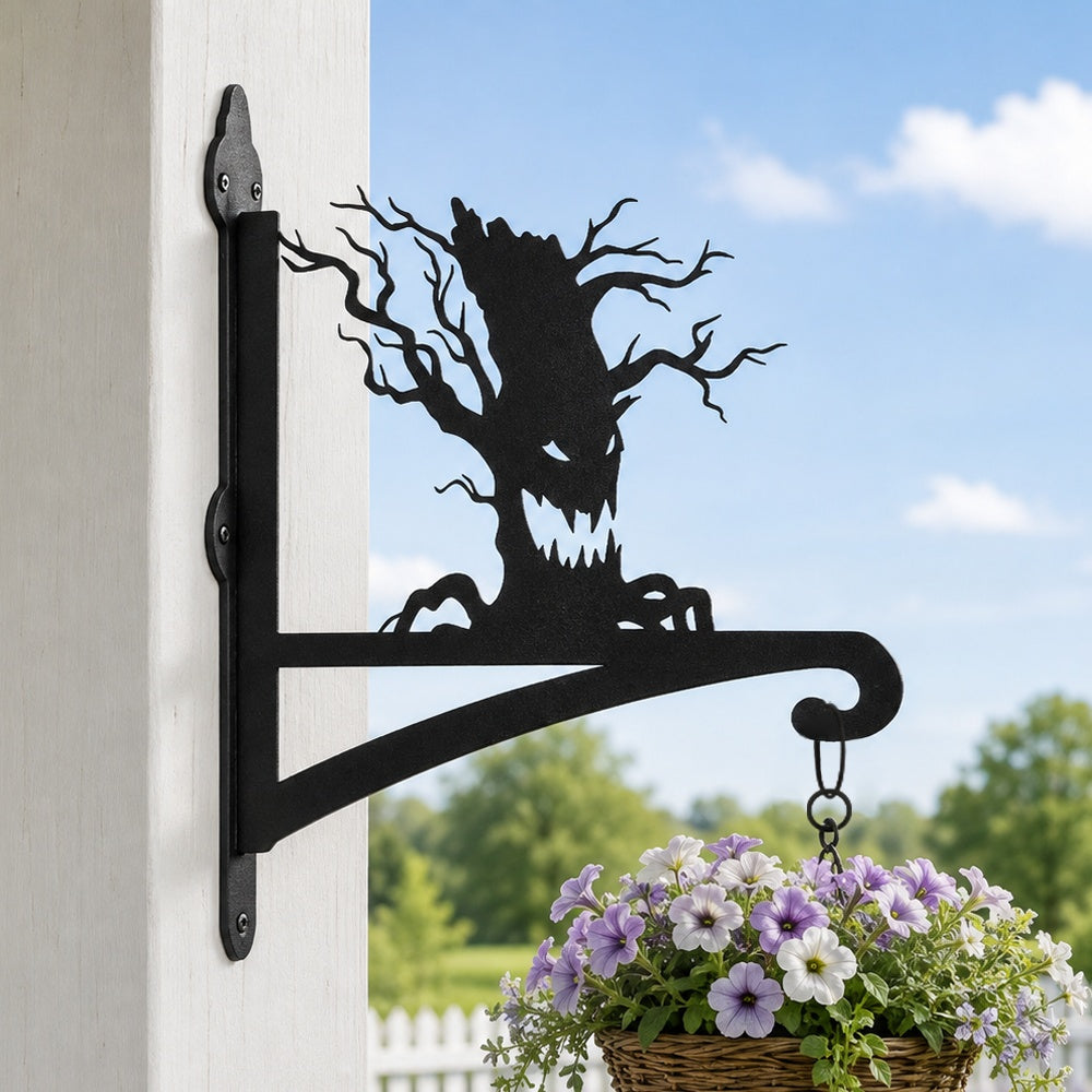 Spooky tree metal hanging basket bracket mounted on outdoor wall for plant decoration
