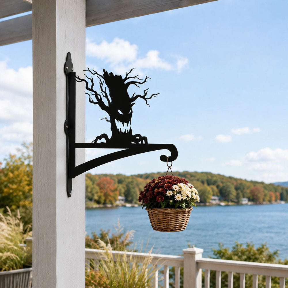 Spooky tree metal hanging basket bracket mounted on outdoor wall for plant decoration