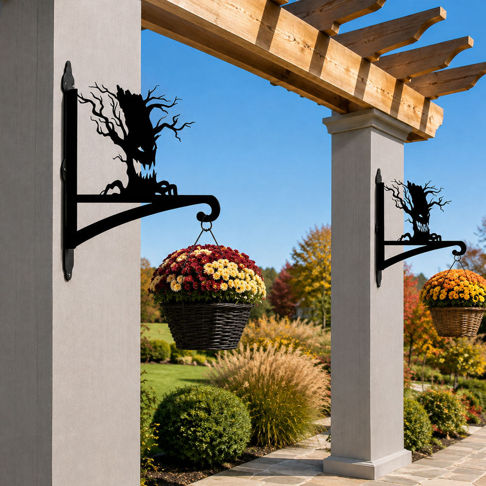 Spooky tree metal hanging basket bracket mounted on outdoor wall for plant decoration