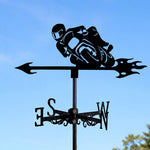 Sport bike motorcycle metal weather vane with directional arrows and mounting rod, outdoor roof and garden decoration