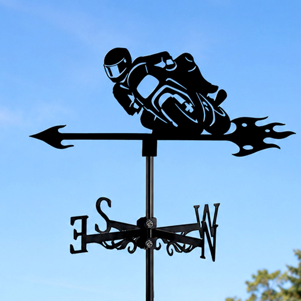 Sport bike motorcycle metal weather vane with directional arrows and mounting rod, outdoor roof and garden decoration