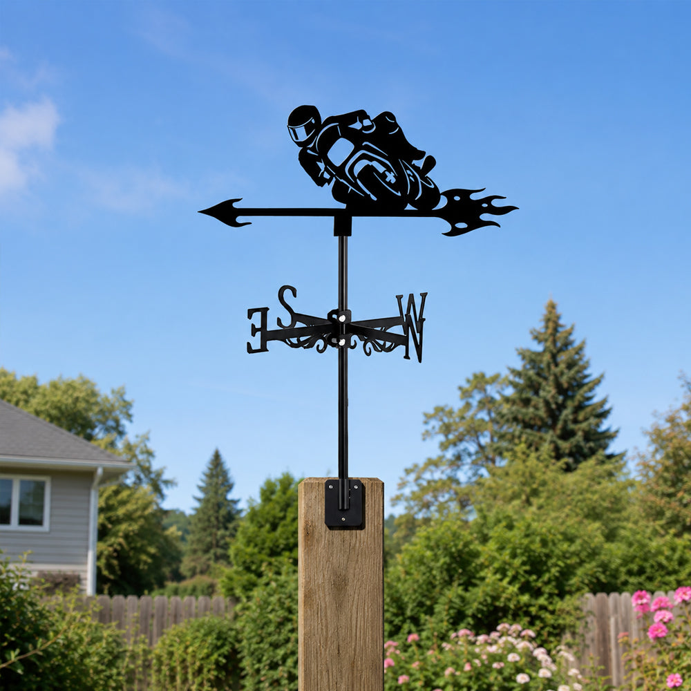 Sport bike motorcycle metal weather vane with directional arrows and mounting rod, outdoor roof and garden decoration