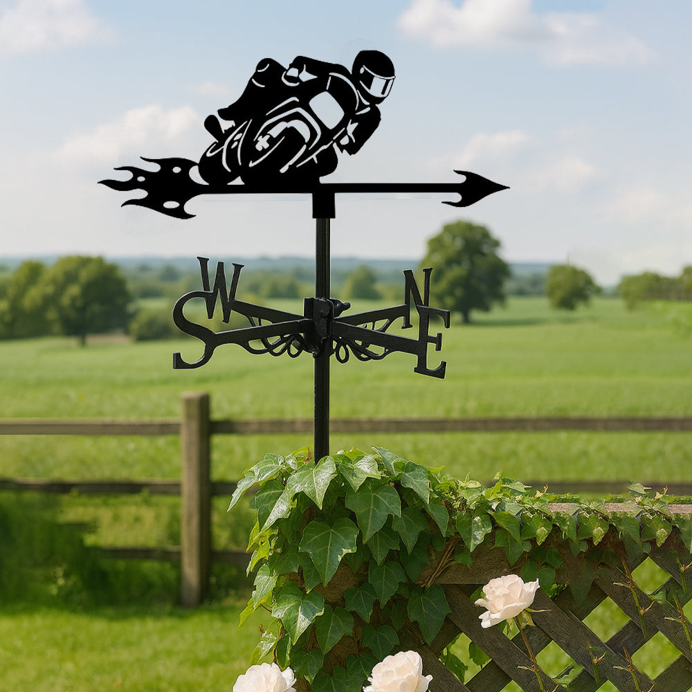 Sport bike motorcycle metal weather vane with directional arrows and mounting rod, outdoor roof and garden decoration
