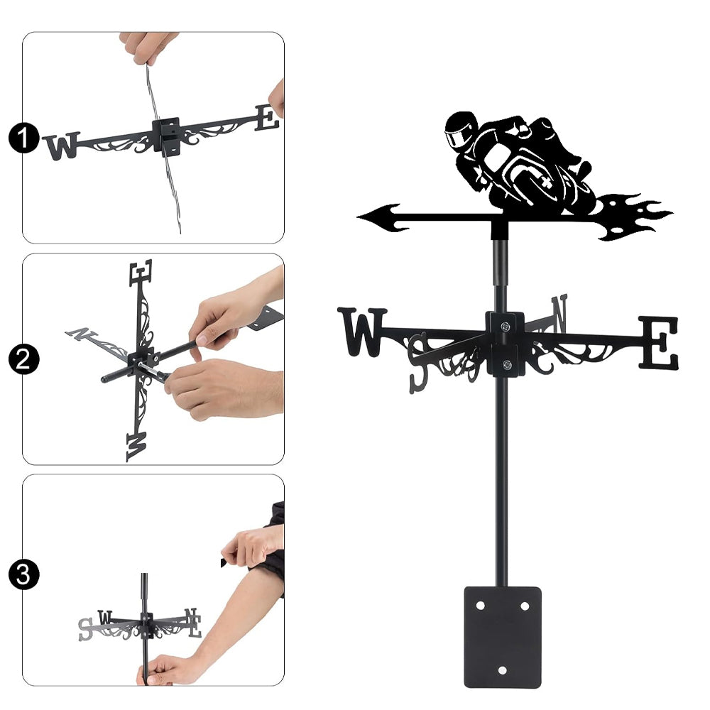 Sport bike motorcycle metal weather vane with directional arrows and mounting rod, outdoor roof and garden decoration