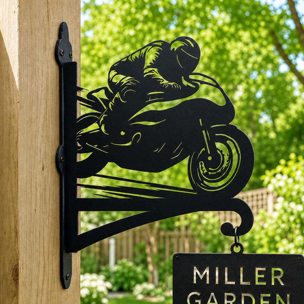 Sportbike motorcycle racing rider metal hanging basket bracket mounted on outdoor wall for plant decoration
