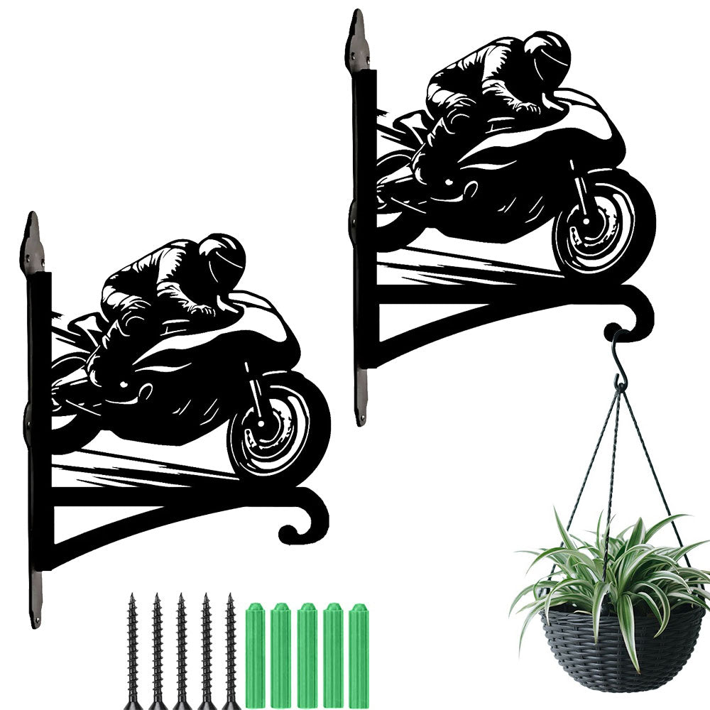 Sportbike motorcycle racing rider metal hanging basket bracket mounted on outdoor wall for plant decoration