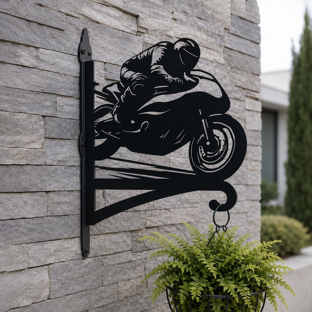 Sportbike motorcycle racing rider metal hanging basket bracket mounted on outdoor wall for plant decoration
