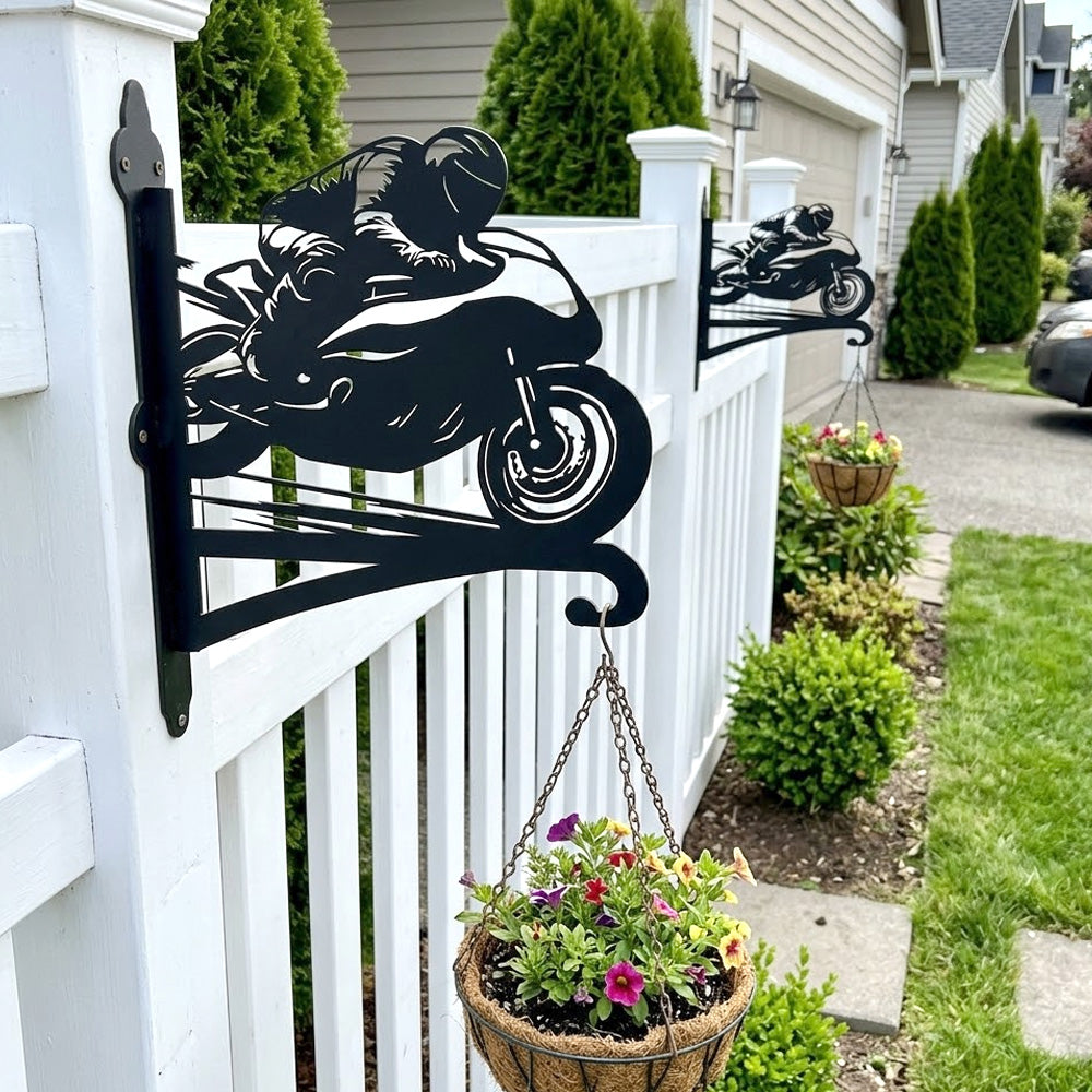 Sportbike motorcycle racing rider metal hanging basket bracket mounted on outdoor wall for plant decoration