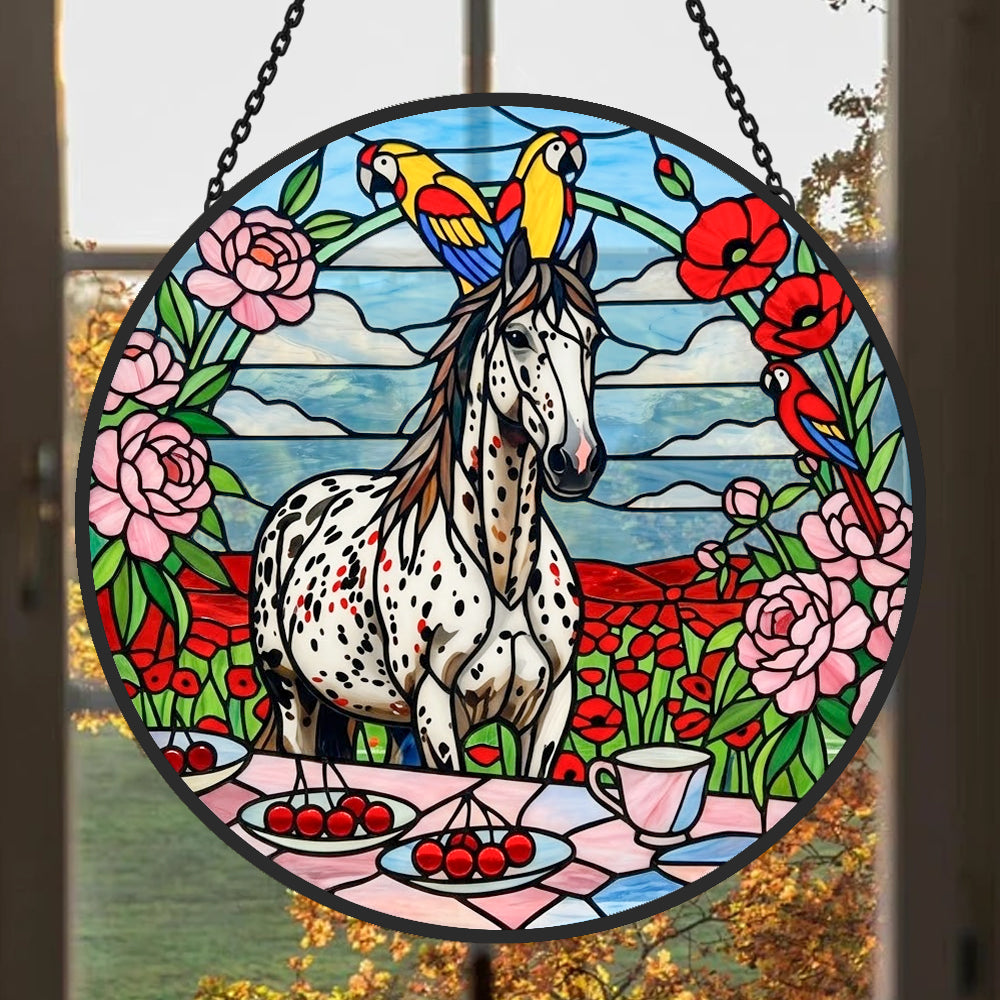 Spotted appaloosa horse stained glass suncatcher window hanging, suitable for home and garden decoration