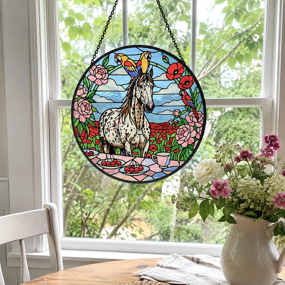 Spotted appaloosa horse stained glass suncatcher window hanging, suitable for home and garden decoration