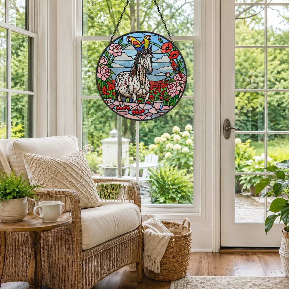 Spotted appaloosa horse stained glass suncatcher window hanging, suitable for home and garden decoration