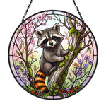 spring blossom climbing raccoon stained glass suncatcher window hanging, suitable for home and garden decoration.