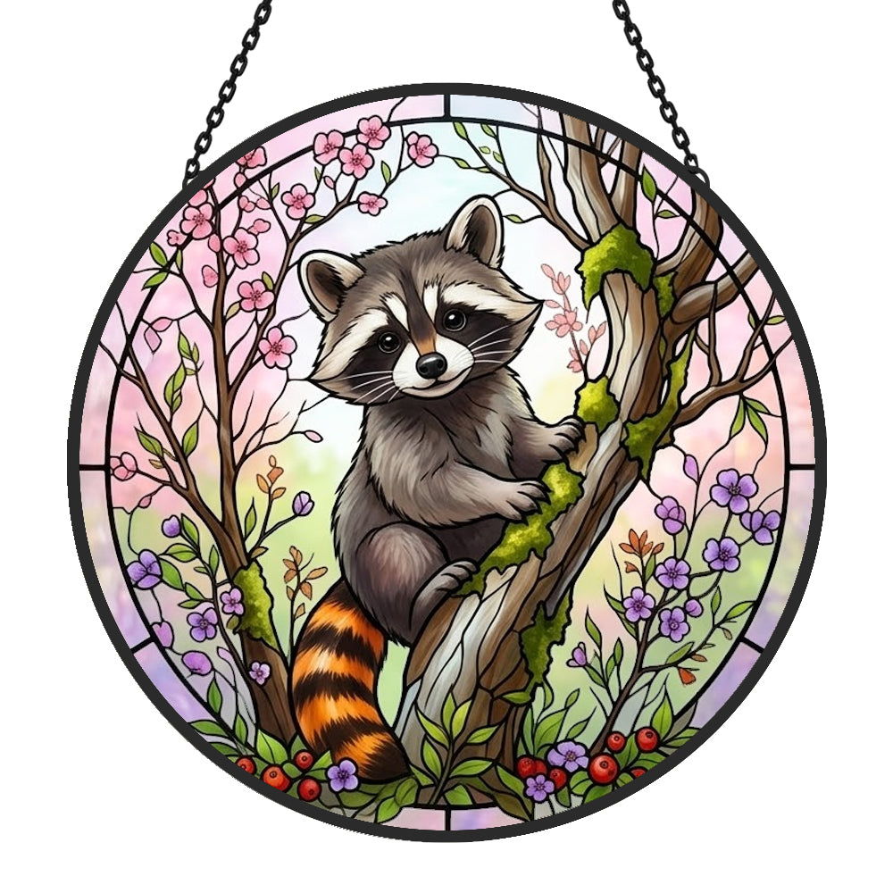 spring blossom climbing raccoon stained glass suncatcher window hanging, suitable for home and garden decoration.